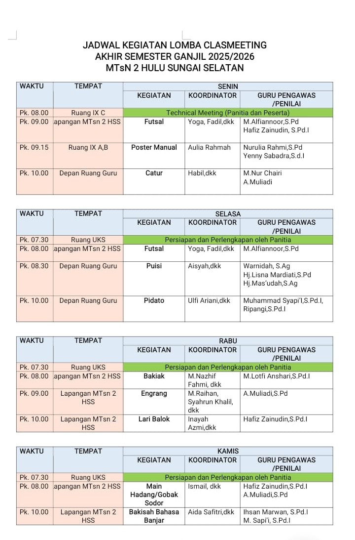 Resmi Dirilis! Jadwal Lengkap Lomba Class Meeting MTsN 2 HSS Semester Ganjil 2025/2026